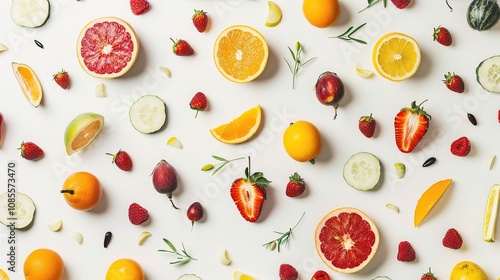 Rich Fruits and Vegetables on White Background - A Bountiful Display of Nature's Goodness. The Vibrant Colors and Freshness of the Fruits and Veggies, Standing Out Against the Pure White