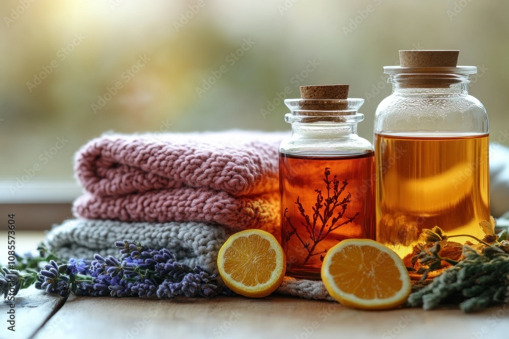 Cozy wellness scene with oils and soft textiles. Cozy wellness scene with oils and soft textiles.