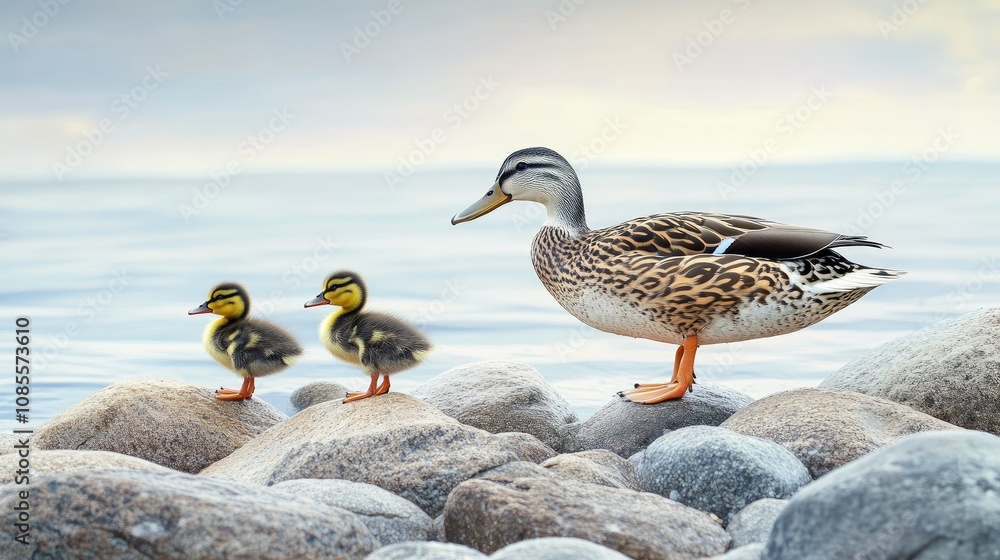 Mother duck leading her duckling across a rocky shore, both leaving small footprints on the stones. Mother duck leading her duckling across a rocky shore, both leaving small footprints on the stones.