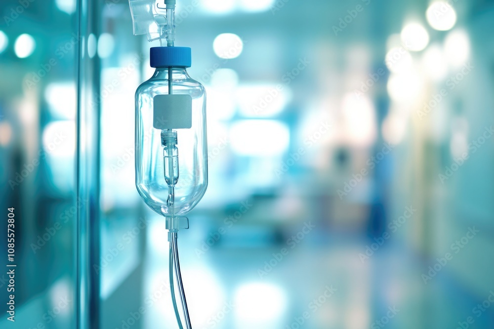IV bag and clear tube hanging on a medical bed in a hospital. IV bag and clear tube hanging on a medical bed in a hospital.