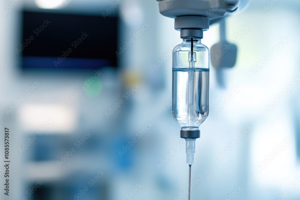 IV bag and drip on a medical stand in a hospital, against a white background. IV bag and drip on a medical stand in a hospital, against a white background.