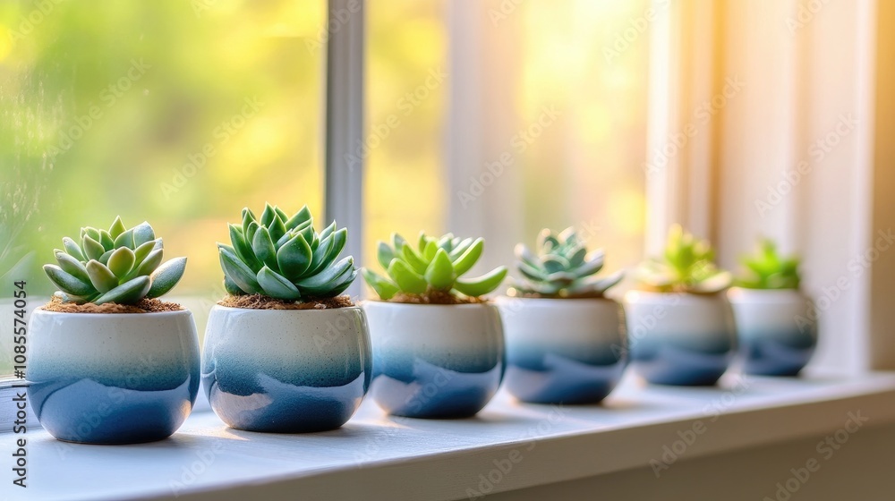 A Sunlit Windowsill Displaying a Row of Colorful Succulent Plants in Beautiful Decorative Pots with Natural Light Streaming In A Sunlit Windowsill Displaying a Row of Colorful Succulent Plants in Beautiful Decorative Pots with Natural Light Streaming In