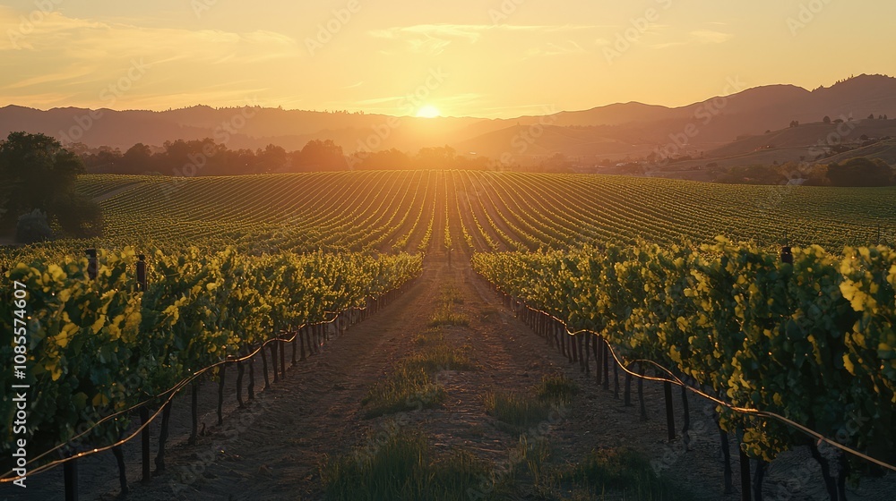 Naklejka premium Serene Sunset Over Vineyard Landscape