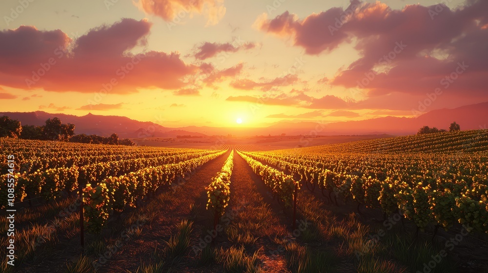 Fototapeta premium Serene Sunset Over Rows of Vineyard Grapes