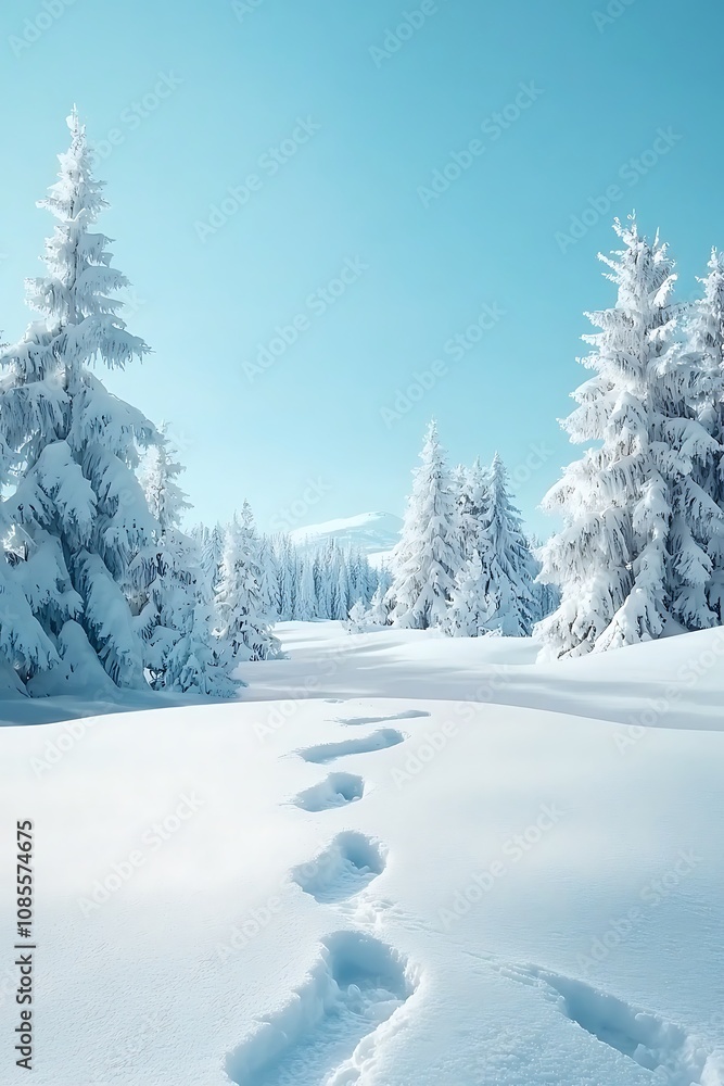 Snowy Winter Landscape with Footprints in the Snow Snowy Winter Landscape with Footprints in the Snow