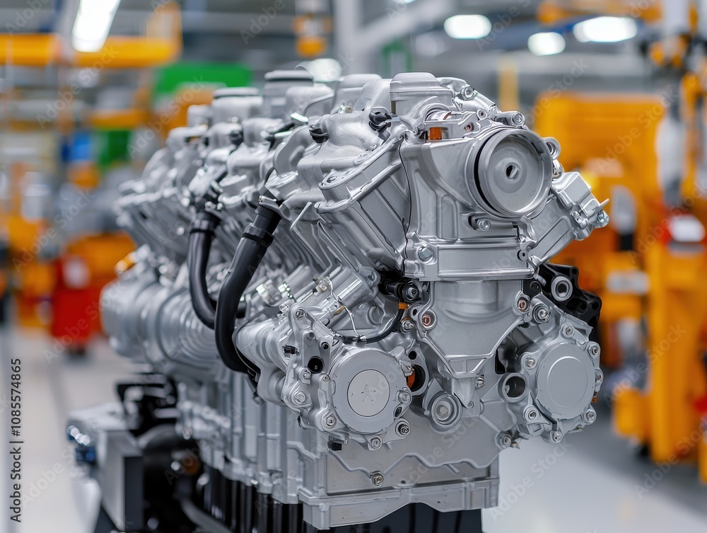 Fototapeta premium Vibrant retro fast food industry engine assembly factory floor industrial scene dynamic viewpoint modern technology concept