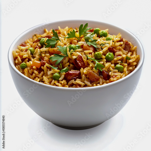 Bowl of flavorful jambalaya rice, isolated on a white background