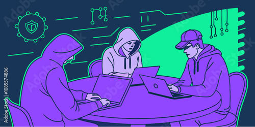 hackers sitting at the round table with their laptops