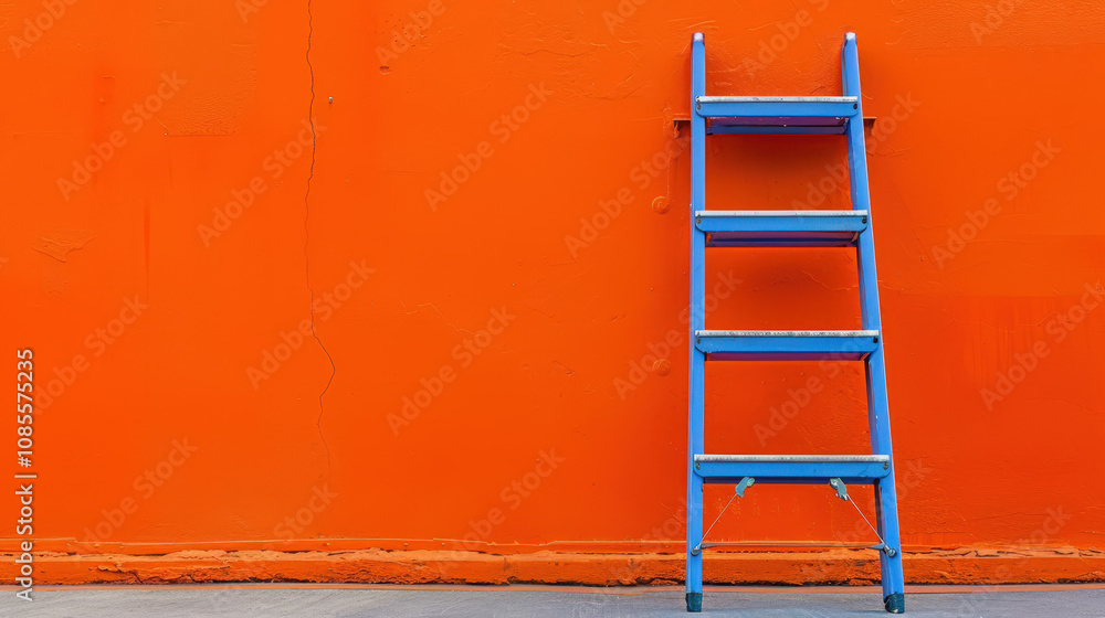 blue ladder in front of orange wall blue ladder in front of orange wall