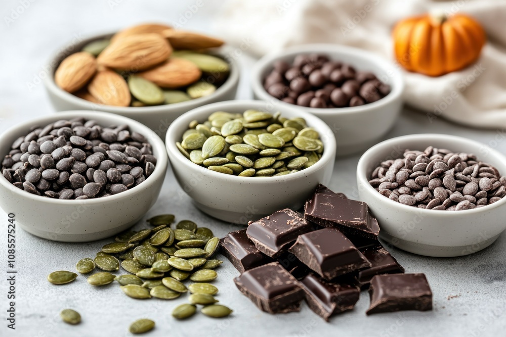 Fototapeta premium Assorted nuts and chocolate for snacking or baking.