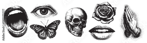 y2k set pray hands, skull, eye, butterfly, lips, scream,  halftone  vector drawing illustration