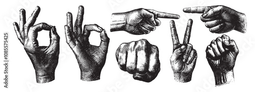 y2k set hands pointing, ok, peace, punch, fight  vector drawing illustration