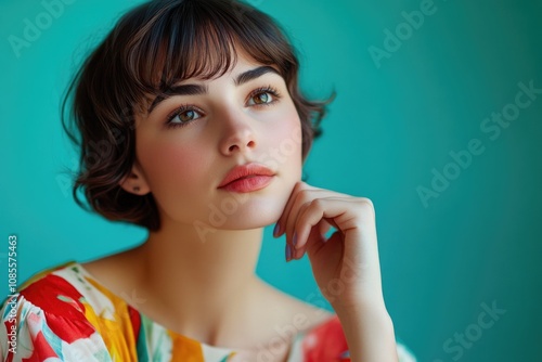 A beautiful young woman in a colorful dress isolated against a turquoise background.