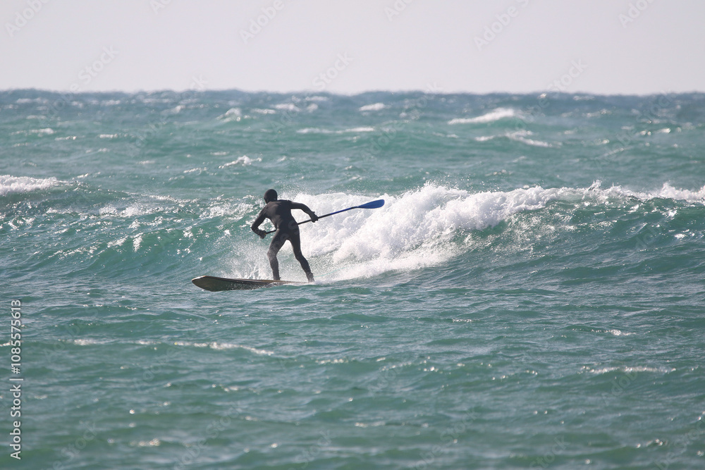 surfer in a wetsuit with a paddle on a board glides along the waves in a strong wind