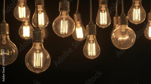 Vintage glowing light bulbs on black background emitting warm light, decorative lighting, vintage style