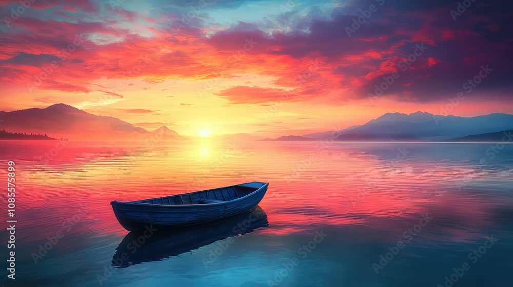 Serene Evening on a Peaceful Lake with a Floating Boat Serene Evening on a Peaceful Lake with a Floating Boat