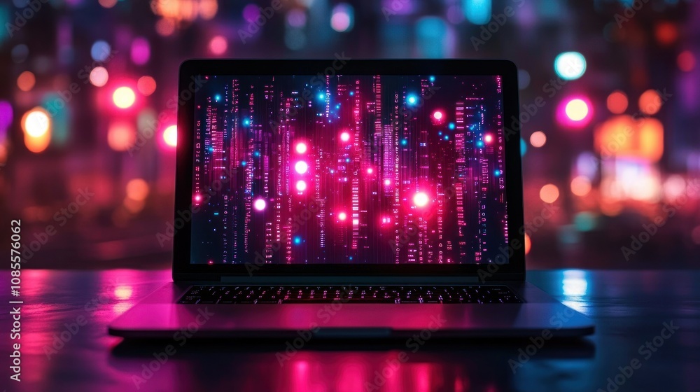 Laptop displaying vibrant digital data visualization. Laptop displaying vibrant digital data visualization.