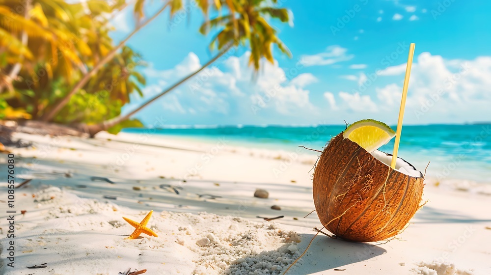 A refreshing coconut drink on a sunny beach with palm trees and a starfish nearby. A refreshing coconut drink on a sunny beach with palm trees and a starfish nearby.
