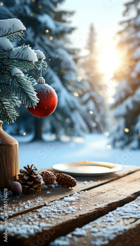 Christmas decorated product presentation table, winter wonderland with frozen wooden table for product display blurred snowy nature background, winter christmas season, Xmas ad, podium platform