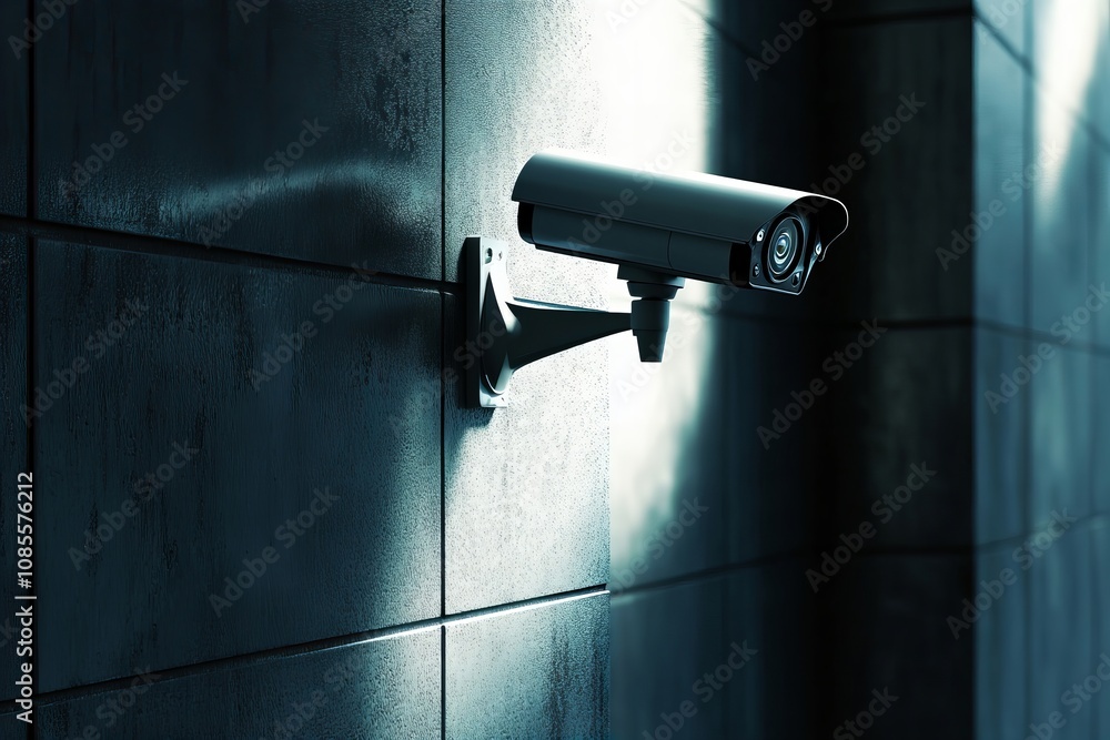 Modern security camera on wall - surveillance, safety, technology in urban environment Modern security camera on wall - surveillance, safety, technology in urban environment