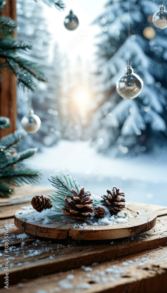 Christmas decorated product presentation table, winter wonderland with frozen wooden table for product display blurred snowy nature background, winter christmas season, Xmas ad, podium platform Christmas decorated product presentation table, winter wonderland with frozen wooden table for product display blurred snowy nature background, winter christmas season, Xmas ad, podium platform