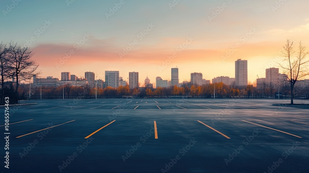 Fototapeta premium Quiet parking lot with painted spaces, overlooking a modern city skyline at dawn with warm golden tones.