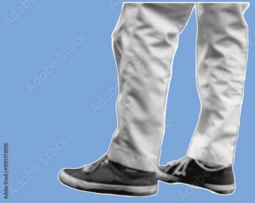 Close up side view of foot standing wearing canvas shoes pixelate grayscale color halftone dotted texture style collage element isolated on blue background