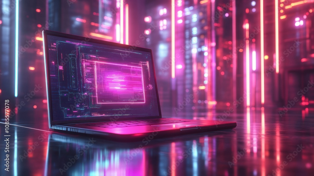 Futuristic laptop in a neon-lit digital space. Futuristic laptop in a neon-lit digital space.