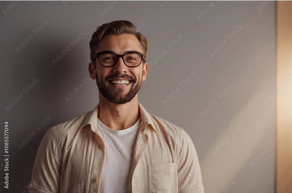 Obraz premium Portrait of smiling young bearded handsome man looking to the side with his eyes and open mouth wearing white t-shirt and beige shirt isolated on grey wall background with copy space. 