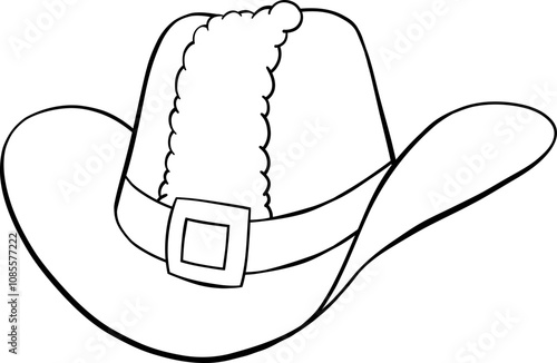 Christmas cowboy hat with Santa coat fur trim and belt hand drawn black outline illustration with no fill