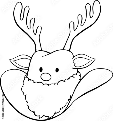 Christmas cowboy hat with reindeer antlers, Santa fluffy beard, nose, ears and eyes hand drawn black outline illustration with no fill