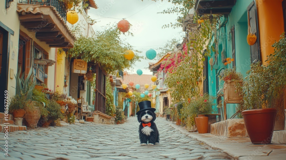 Fototapeta premium Dapper Dog in a Festive Cobblestone Street