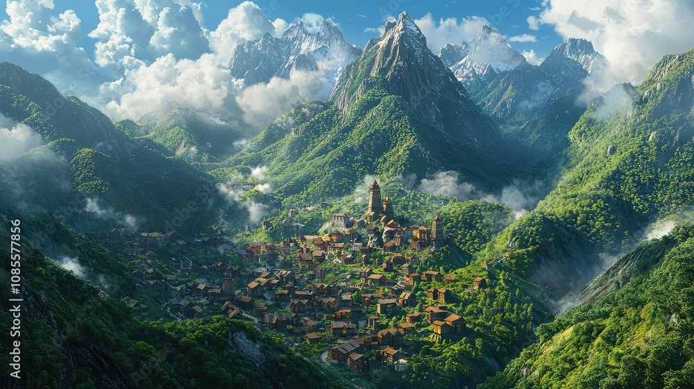 Obraz premium Serene Village Nestled in Majestic Mountain Landscape
