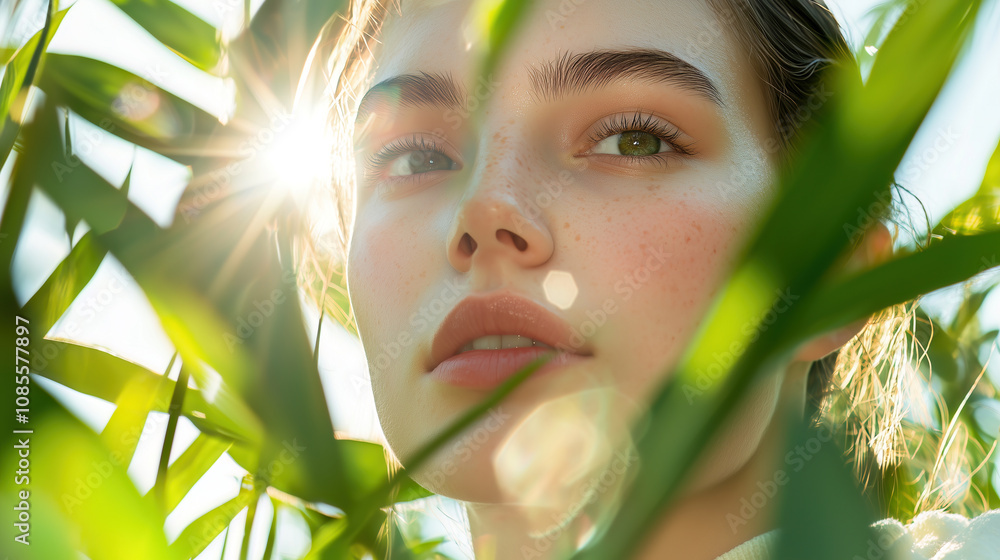 Close-up portrait of a woman peacefully surrounded by green leaves and sunlight, embodying eco-friendly and sustainable living. A gentle natural setting highlighting beauty and tranquility.