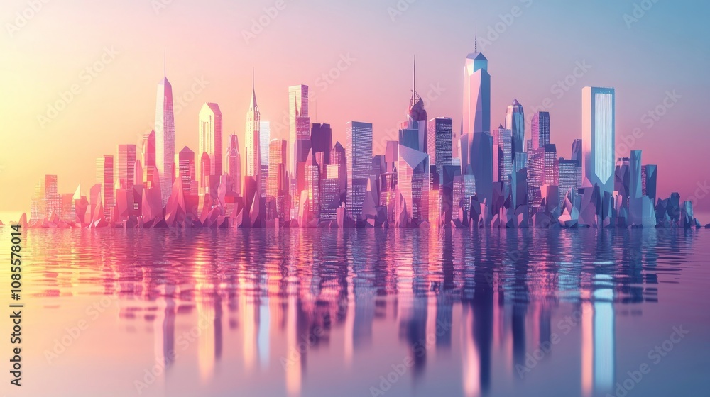 Futuristic city skyline at sunrise reflection. Futuristic city skyline at sunrise reflection.