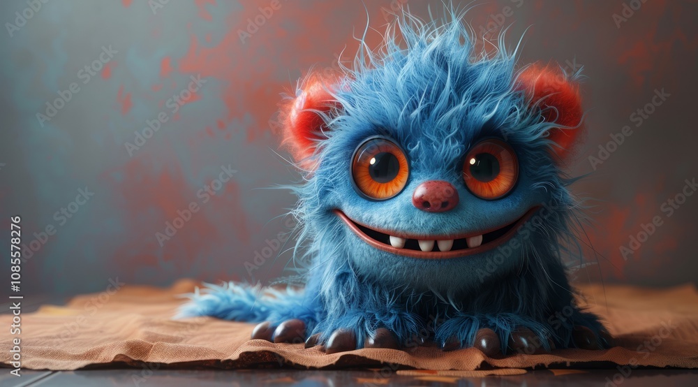Cute blue furry creature with orange ears and big eyes, lying down on brown surface. Cute blue furry creature with orange ears and big eyes, lying down on brown surface.