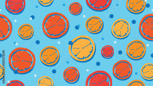 Seamless pattern with red orange and yellow orange slices on blue background with bubbles, background with orange flavored cocktail and Blue Curacao syrup, blue lagoon cocktail

