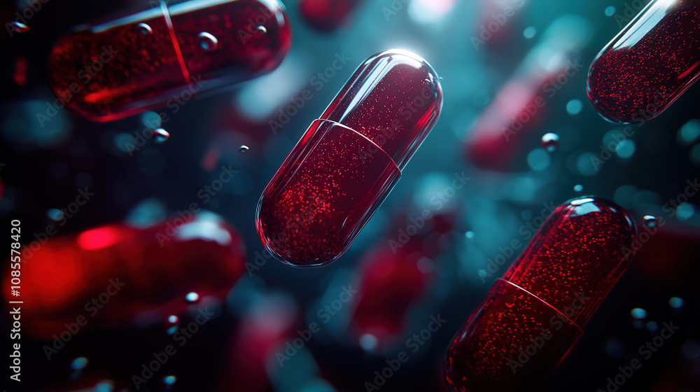 A vibrant image of red pills floating in a dark, mysterious liquid. The pills are illuminated by a bright light source, creating a sense of drama and intrigue., side effect