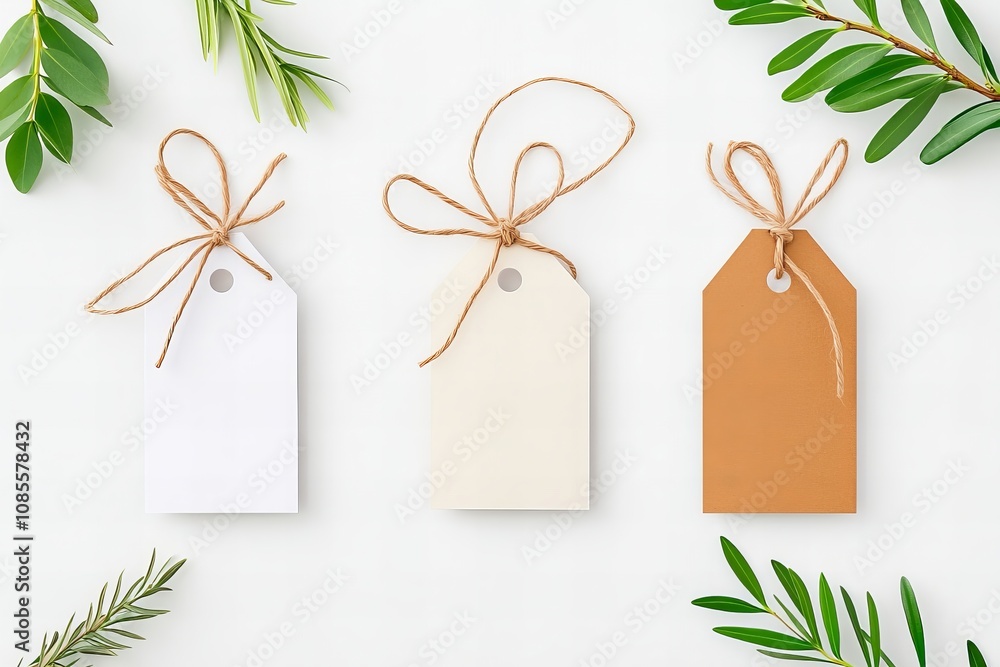 Minimalist labels with twine on white background surrounded by green leaves for natural design concepts Minimalist labels with twine on white background surrounded by green leaves for natural design concepts