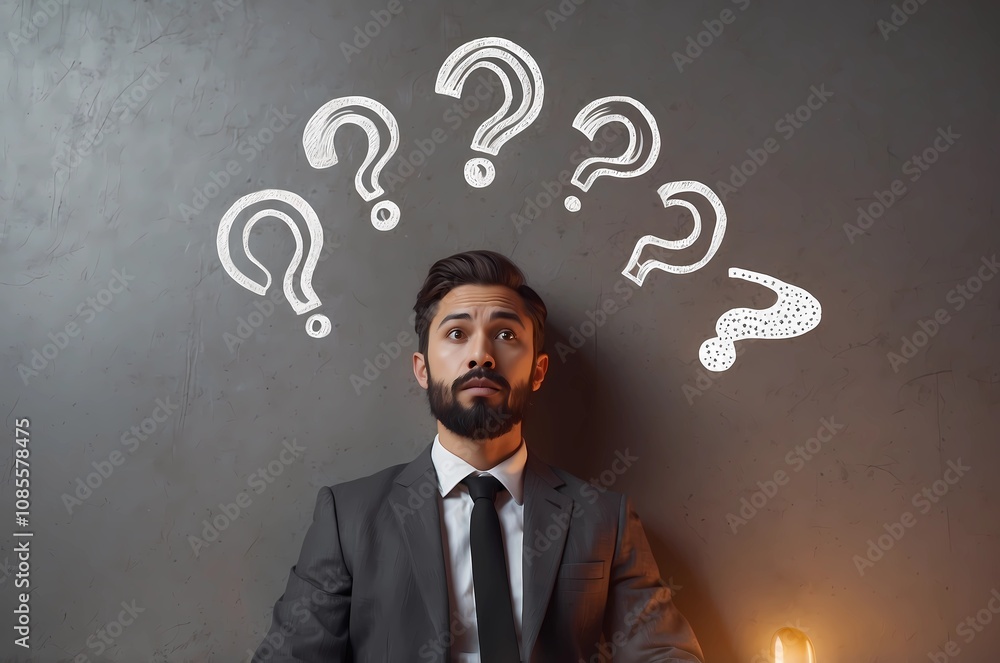 Business man thinking of answers to lots of questions. Confused bearded young man in suit sitting against background of grey concrete wall looking up at several question mark doodles above his head Business man thinking of answers to lots of questions. Confused bearded young man in suit sitting against background of grey concrete wall looking up at several question mark doodles above his head