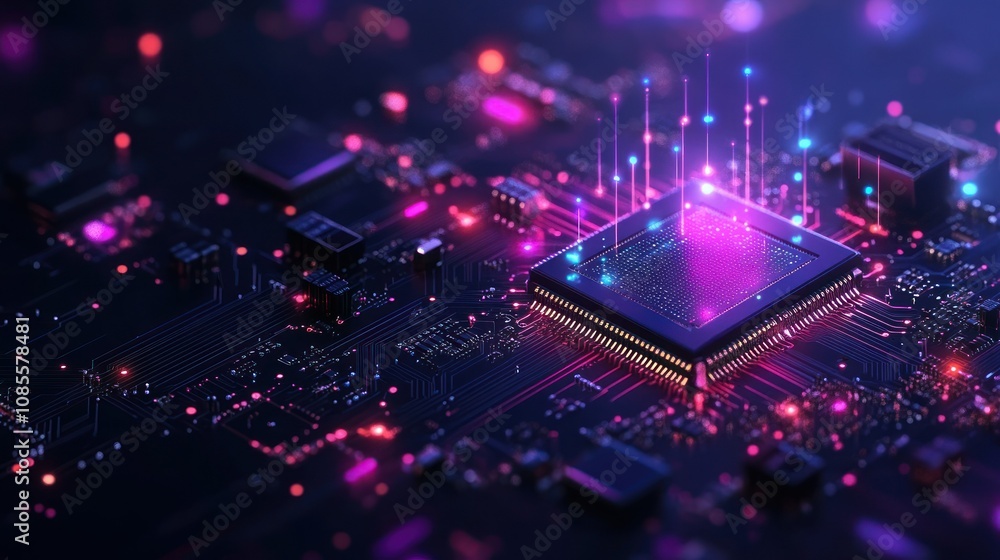 Fototapeta premium Abstract representation of a microchip and circuitry.
