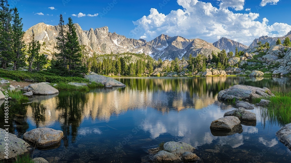 Fototapeta premium Serene Mountain Lake Surrounded by Evergreens