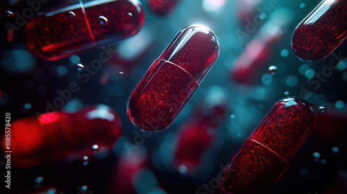 Obraz na płótnie A vibrant image of red pills floating in a dark, mysterious liquid. The pills are illuminated by a bright light source, creating a sense of drama and intrigue., side effect w salonie