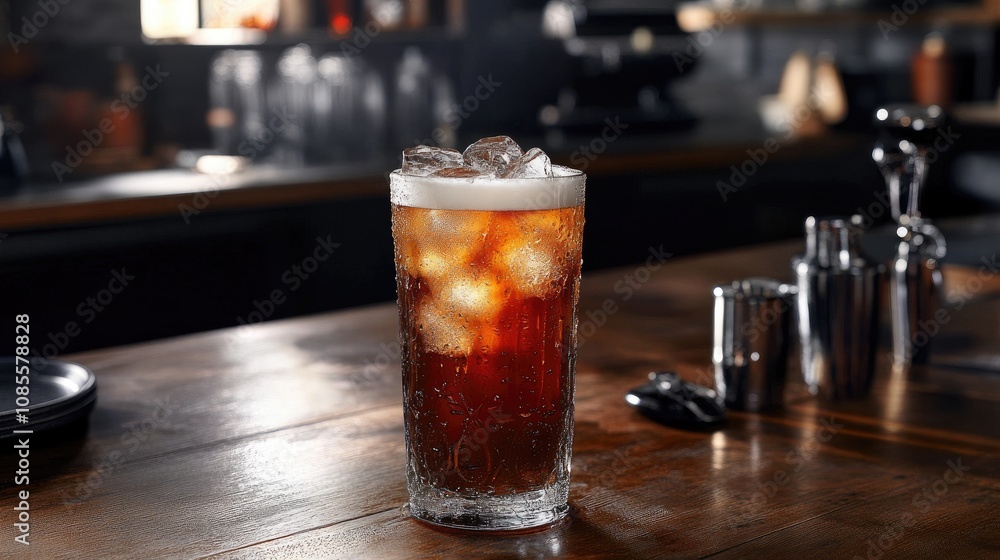 Refreshing Glass of Cold Carbonated Beverage with Ice Cubes on Wooden Table Surrounded by Bar Equipment in Stylish Modern Pub Interior Refreshing Glass of Cold Carbonated Beverage with Ice Cubes on Wooden Table Surrounded by Bar Equipment in Stylish Modern Pub Interior