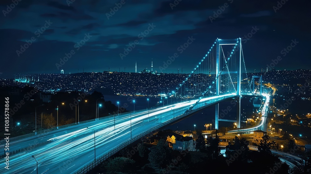 Obraz premium Illuminated Modern Suspension Bridge at Night
