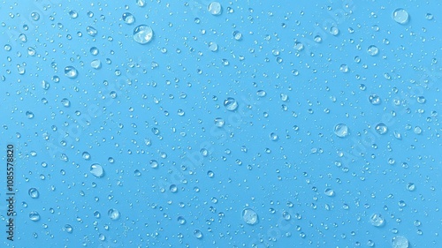 Water droplets glistening on a vibrant blue background, glossy