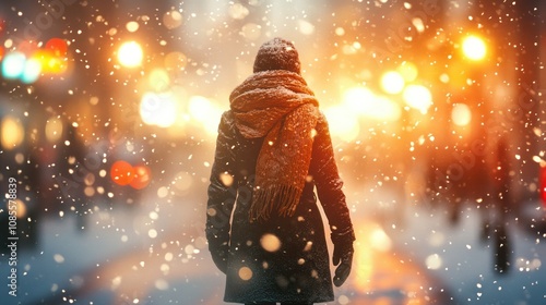 Person in winter attire amidst falling snow.