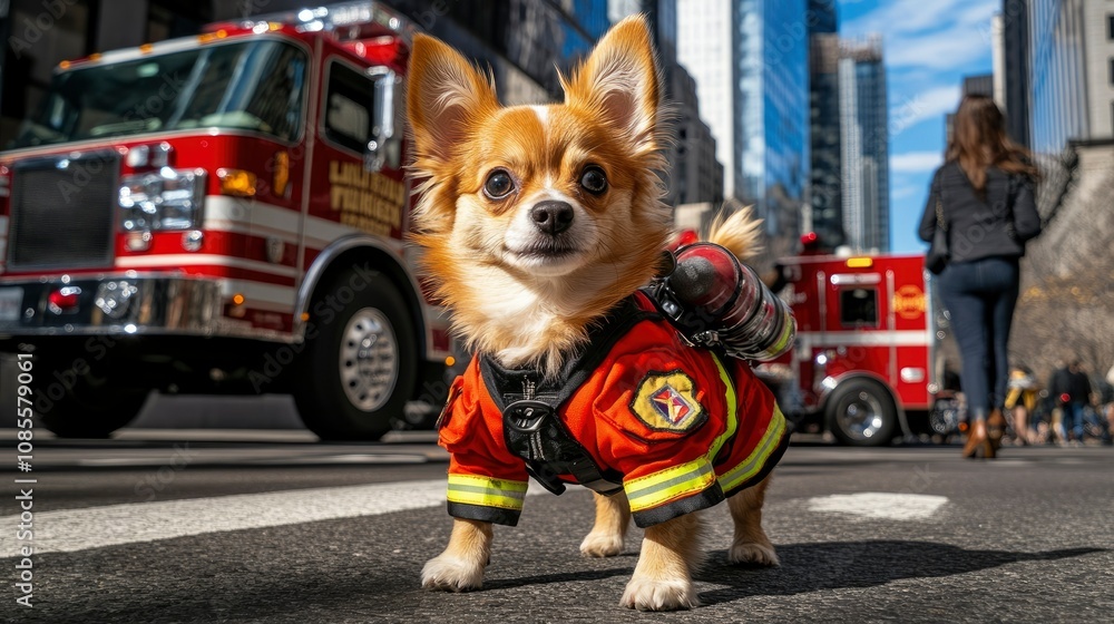 Fototapeta Adorable Chihuahua in Firefighter Costume on City Street
