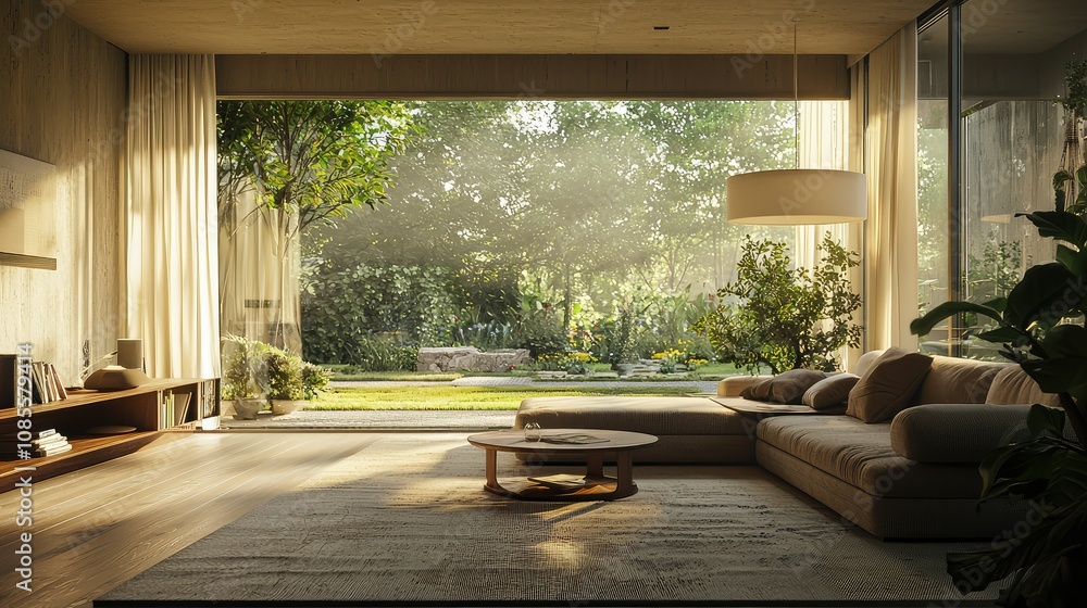 Modern Living Room with Neutral Tones and Soft Lighting Modern Living Room with Neutral Tones and Soft Lighting