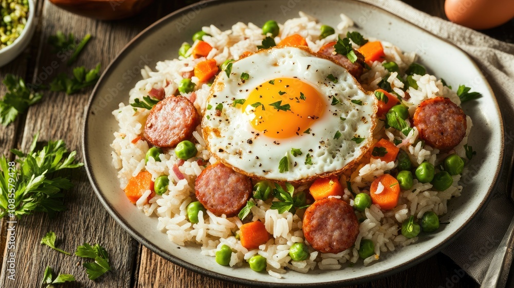 Deliciously Prepared Rice Dish with Fried Egg, Green Peas, Carrots, and Sausage Slices on a Rustic Wooden Table Setting Deliciously Prepared Rice Dish with Fried Egg, Green Peas, Carrots, and Sausage Slices on a Rustic Wooden Table Setting